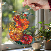 Crescent Moon Marigold Acrylic Suncatcher, Stained Glass Style Orange Yellow Floral Window Hanging, Bright Flower Home Decor Gift